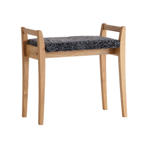 Pall i ek med grå ullsits, skandinavisk design med fyra ben och handtag