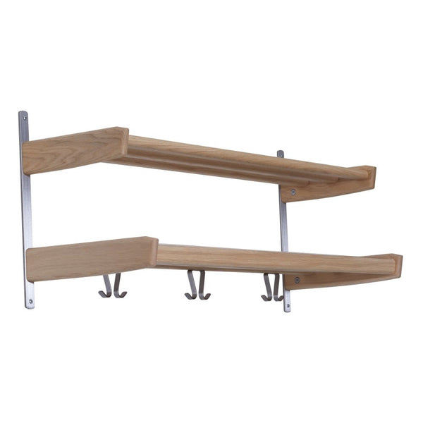 Väggmonterad hylla i trä med krokar, dubbel hylla med metallbeslag och tre krokar undertill