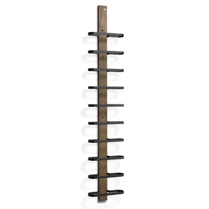 Vertikal vinhylla i trä och metall med plats för 10 flaskor, rustik design för väggmontering