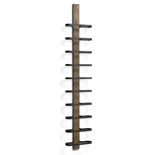 Vertikal vinhylla i trä och metall med plats för 10 flaskor, rustik design för väggmontering