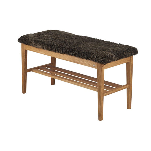 Hallbänk i ek med mörk konstpäls och skohylla, skandinavisk design