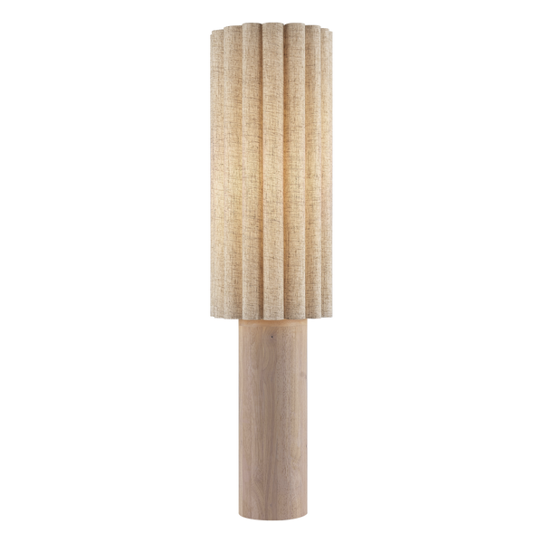 Skandi Golvlampa Natur. Lampan är tillverkad i trä och tyg i naturliga och beiga toner. Frontvy