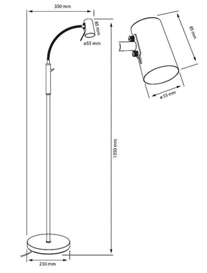 HUGIN golvlampa, stål- bild på lampans mått