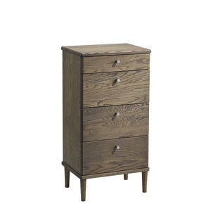 Byrå i mörkbrun ek med fyra lådor och vita knoppar på smala ben