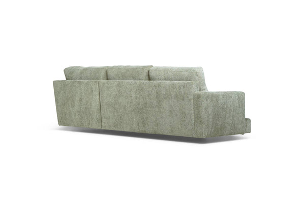 Grön trendig 3-sits soffa med divan sedd bakifrån, modern design med mjuk klädsel