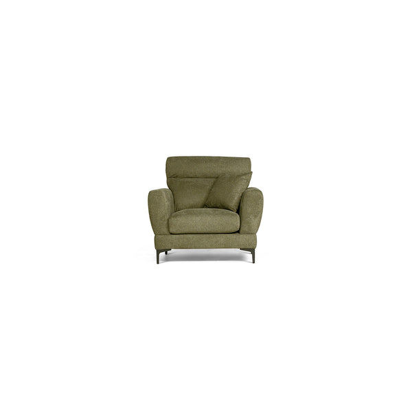 Grön fåtölj med mjuka armstöd och svarta metallben, modern design för vardagsrum