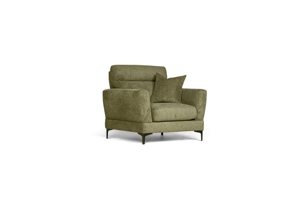 Grön fåtölj med dekorativ kudde och metallben, modern design för vardagsrum