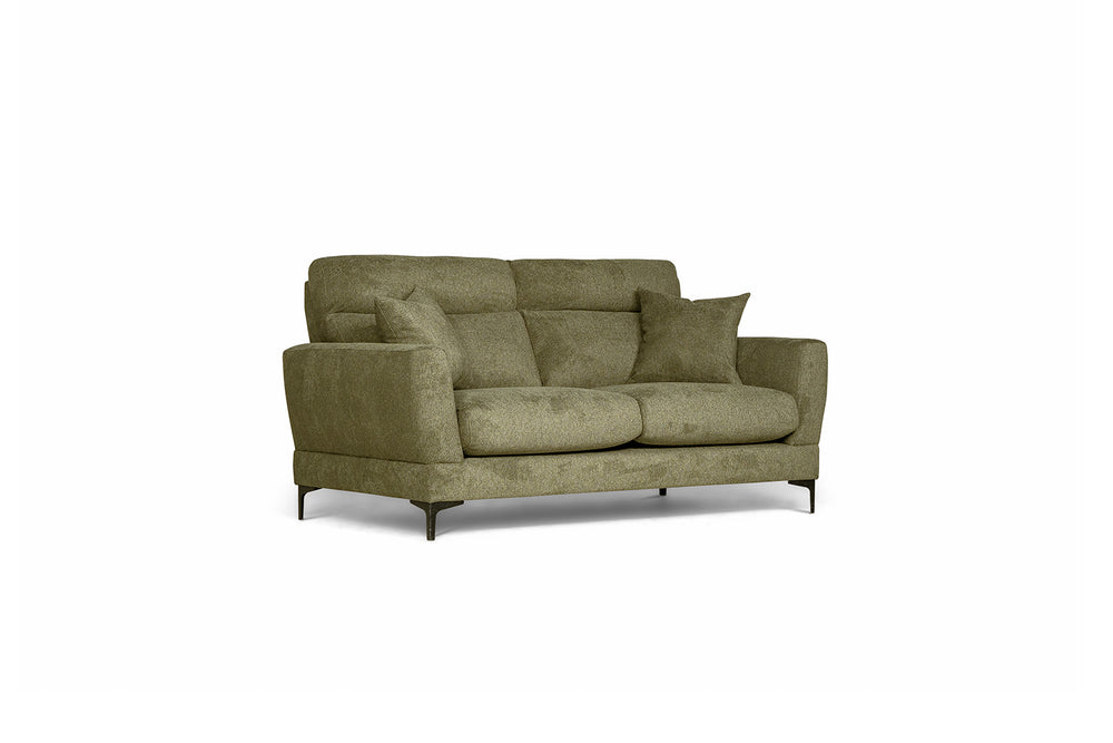 Grön tvåsits-soffa med ryggkuddar och metallben, modern design för vardagsrum