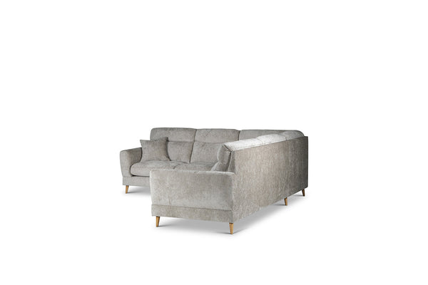 Grå soffa med schäslong i sammet med träben, modern design