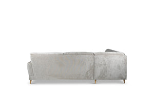 Grå hörnsoffa med 2 sitsar på vänster sida och 3 på höger. med träben, modern design och löstagbara sittkuddar.