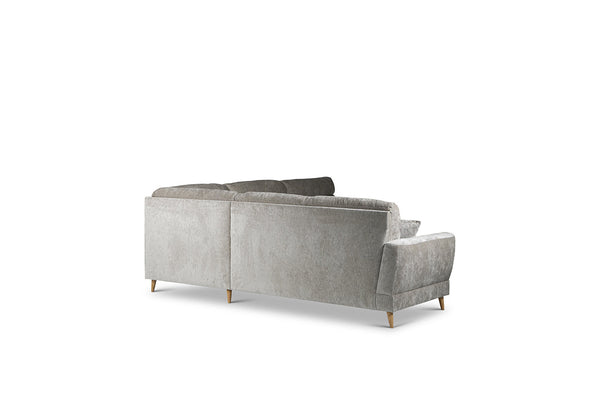 Grå hörnsoffa med 2 sitsar på vänster sida och 3 på höger. med träben, modern design och löstagbara sittkuddar.