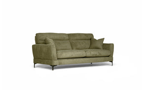 Grön 3-sits soffa i tyg med höga ryggkuddar och smala metallben