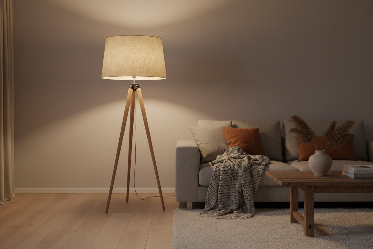 Tripod golvlampa i trä med beige lampskärm i vardagsrum med soffa och soffbord