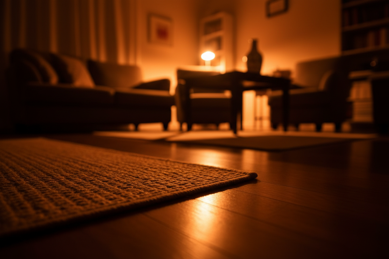 Mysig vardagsrumsinredning med matta på trägolv, soffa och bord i varmt ljus från lampa