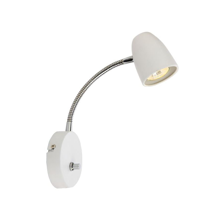 Vit vägglampa med böjbar arm och rund lampskärm, modern spotlight med kromdetaljer