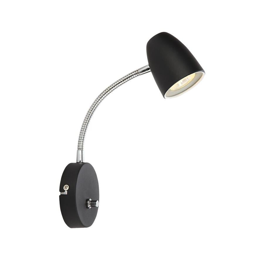 Vit vägglampa med böjbar arm och rund lampskärm, modern spotlight med kromdetaljer