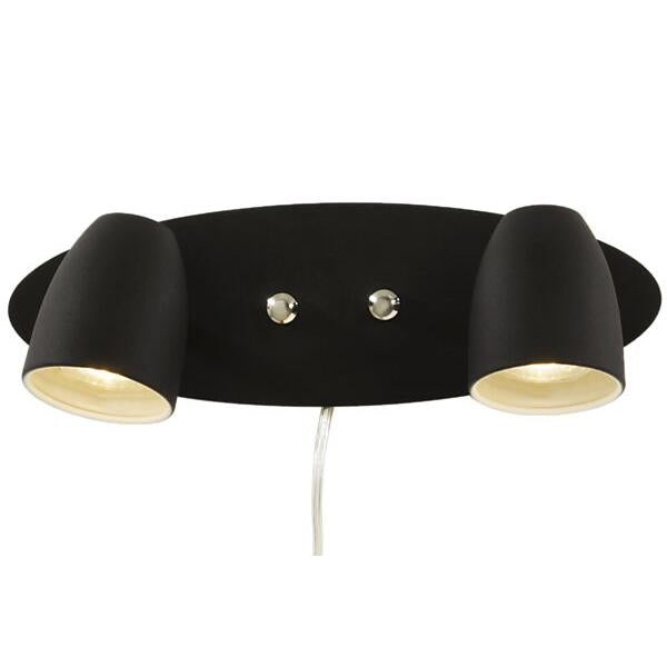 Svart taklampa i hundform med två ljuskällor och vit sladd, designad för barnrum