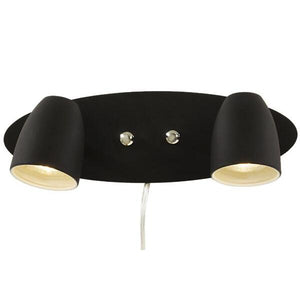 Svart taklampa i hundform med två ljuskällor och vit sladd, designad för barnrum