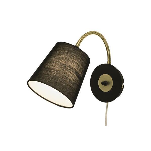 Svart vägglampa med böjbar arm i mässing och textilskärm