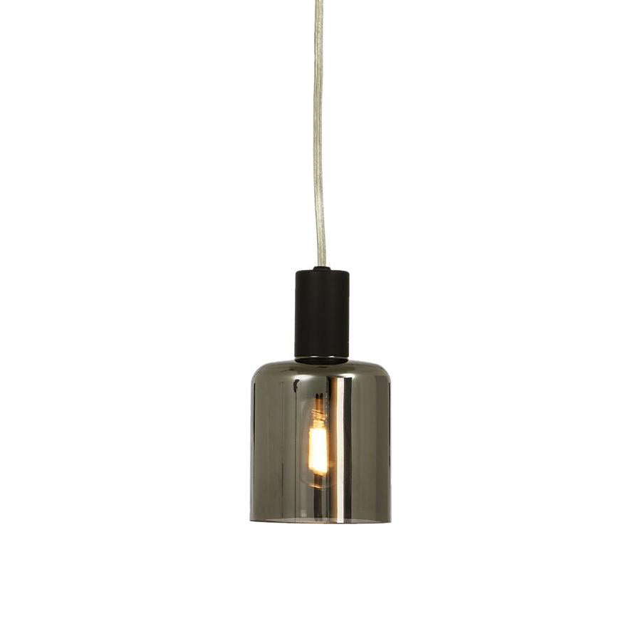 Taklampa med grå glaskupa och svart upphäng, synlig glödlampa, modern design