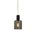 Taklampa med grå glaskupa och svart upphäng, synlig glödlampa, modern design