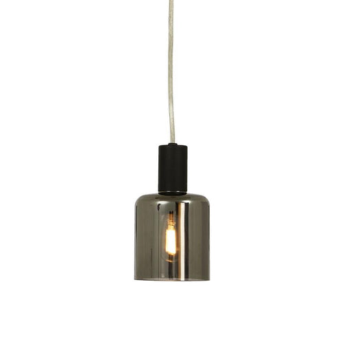 Taklampa med grå glaskupa och svart upphäng, synlig glödlampa, modern design