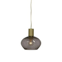 Taklampa med rökfärgad glaskupa och guldfärgad metallfattning, hängande med textilsladd