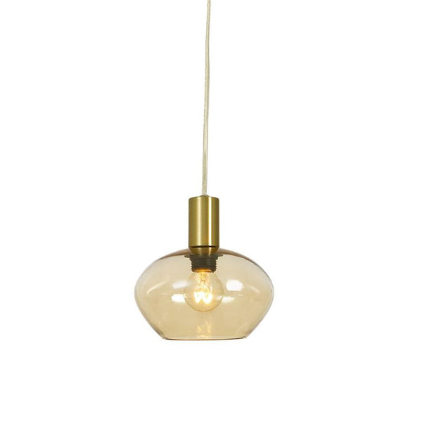 Taklampa i mässing med amber glasskärm i droppform, hängande pendant med synlig glödlampa