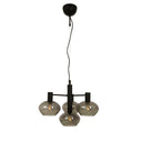 Taklampa med fyra lampor i svart metall och rökfärgade glaskupor, modern design med synliga glödlampor