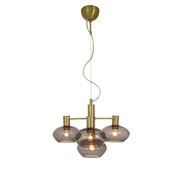 Taklampa med fyra ljuskällor i rökfärgat glas och mässingsfäste, modern pendellampa