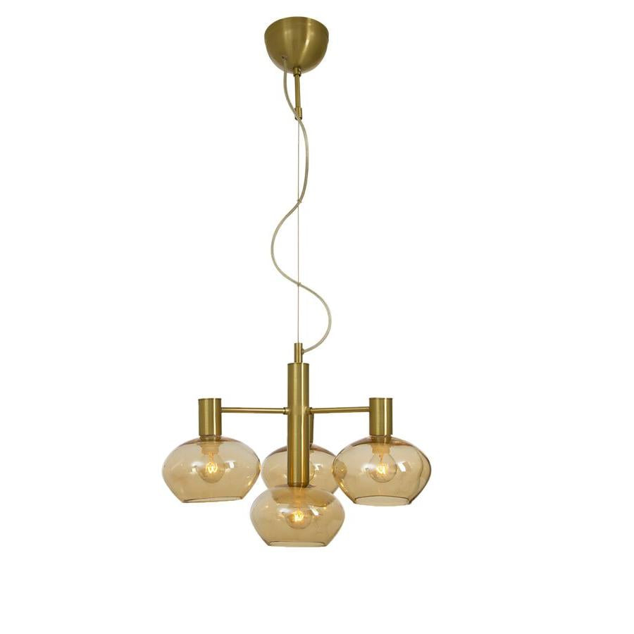 Taklampa med fyra ljuskällor i vitt opalglas och svart metallstativ, modern design för matsalsbord
