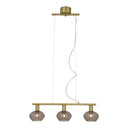 Taklampa i mässing med tre rökfärgade glaskupor, modern pendelbelysning för matbord