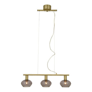 Taklampa i mässing med tre rökfärgade glaskupor, modern pendelbelysning för matbord