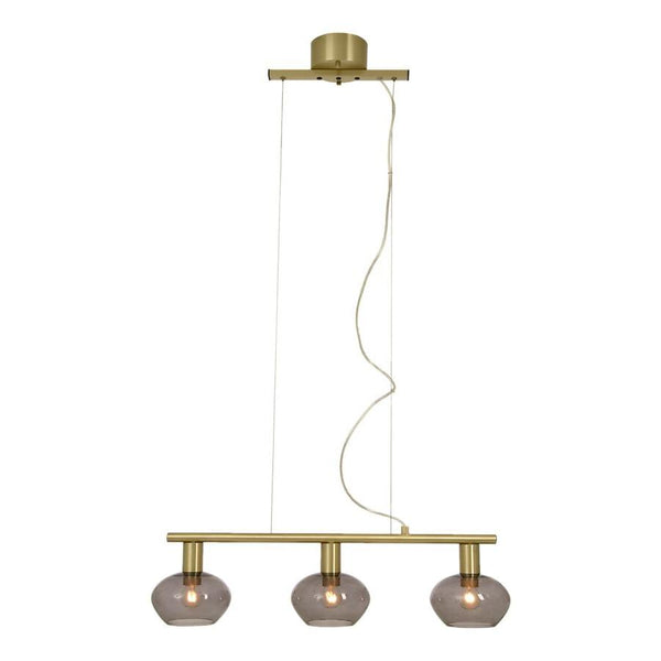 Taklampa i mässing med tre rökfärgade glaskupor, modern pendelbelysning för matbord