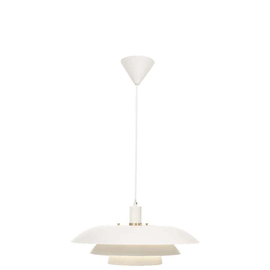 Vit taklampa med flera skärmar i modern skandinavisk design, hängande med textilkabel