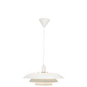 Vit taklampa med flera skärmar i modern skandinavisk design, hängande med textilkabel