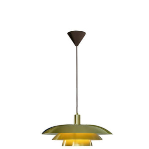 Taklampa med tre skikt i gröna och gula nyanser med svart upphängning