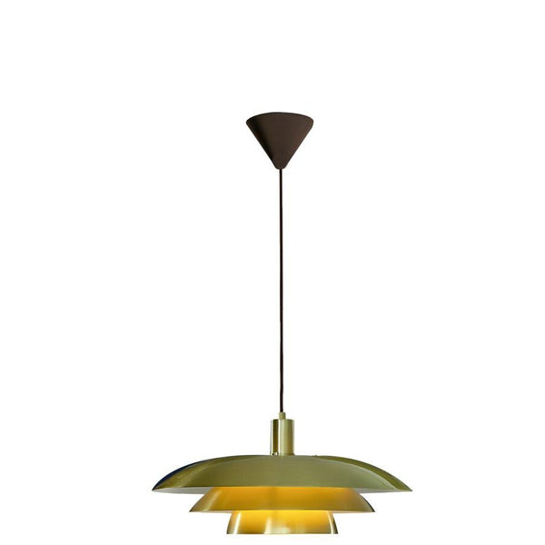 Taklampa med tre skikt i gröna och gula nyanser med svart upphängning