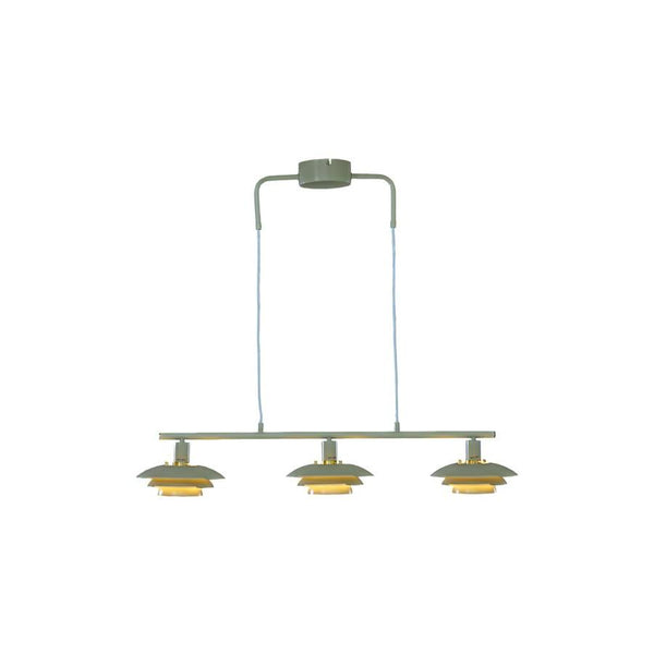 Taklampa med tre lampskärmar i grått och guld, modern design med justerbar höjd