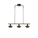 Taklampa med tre guldbruna lampskärmar och svart upphängning i modern skandinavisk design