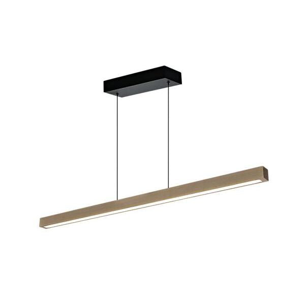 Taklampa i trä och svart metall med lång LED-armatur hängande i vajrar