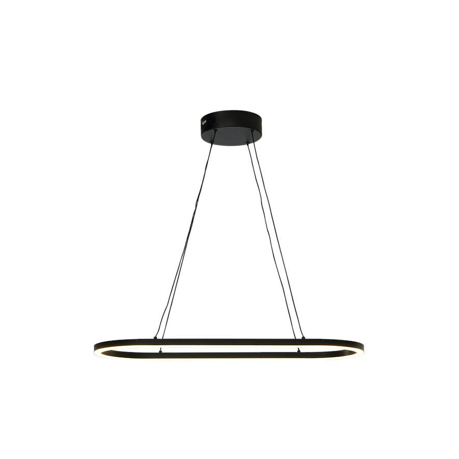 Svart rund taklampa i modern design med LED-ring, hängande från fyra tunna kablar mot vit bakgrund