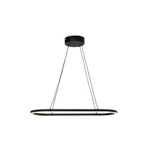 Svart rund taklampa i modern design med LED-ring, hängande från fyra tunna kablar mot vit bakgrund