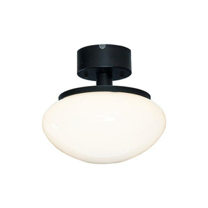 Taklampa med vit glasskärm och svart fäste, modern design för inomhusbelysning