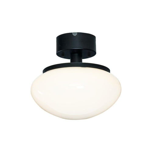 Taklampa med vit glasskärm och svart fäste, modern design för inomhusbelysning