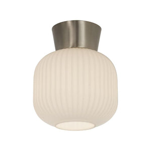 Taklampa i borstad nickel med vit strukturerad glaskupa, rund design för takmontage