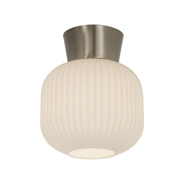 Taklampa i borstad nickel med vit strukturerad glaskupa, rund design för takmontage