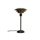 Svart bordslampa med tre skärmskivor i metall och rund fot med sladd