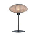 Bordslampa med svart metallstativ och beige plisserad lampskärm i oval form