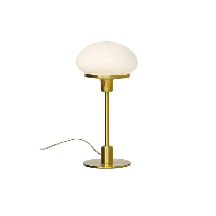 Bordslampa med vit glasskärm och svart metallstativ med rund fot och sladd